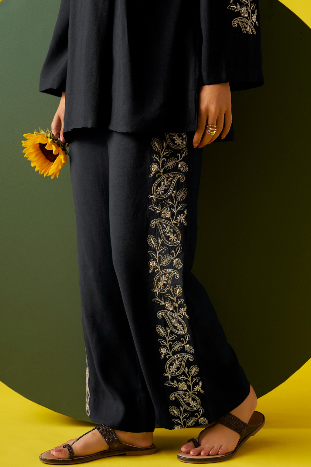 Black Embroidered V-Neck Co-ords