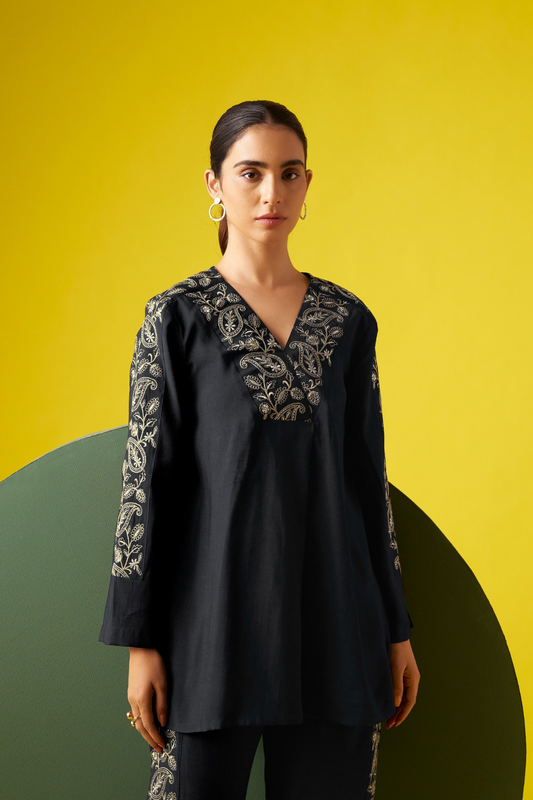 Black Embroidered V-Neck Co-ords