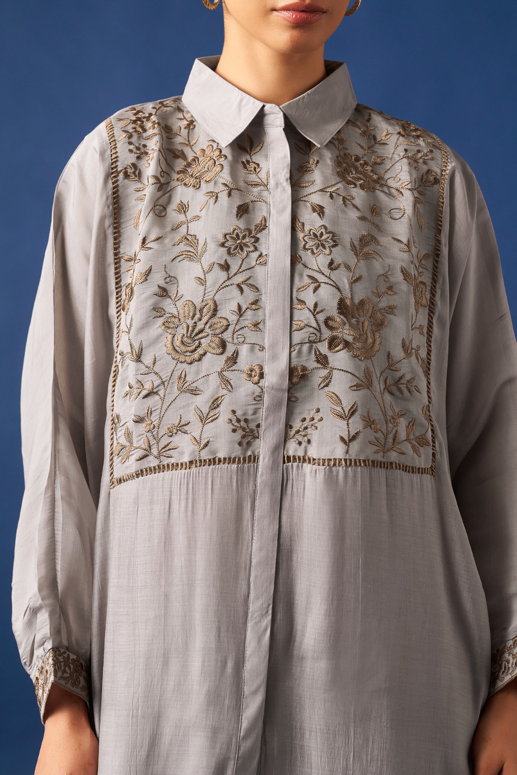 Grey Floral Embroidered Kaftan Co-ords
