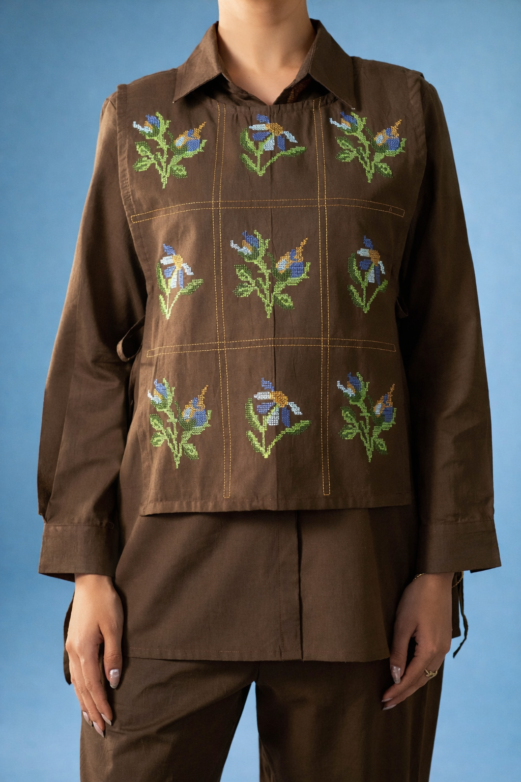 Brown Pure Cotton Bib Shirt Co-ords.