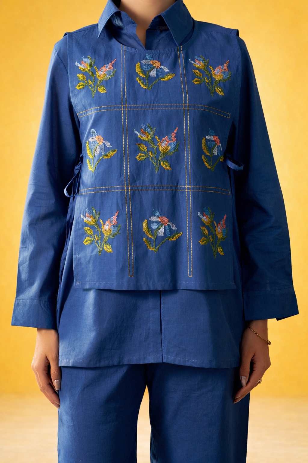 Blue Pure Cotton Bib Shirt Co-ords