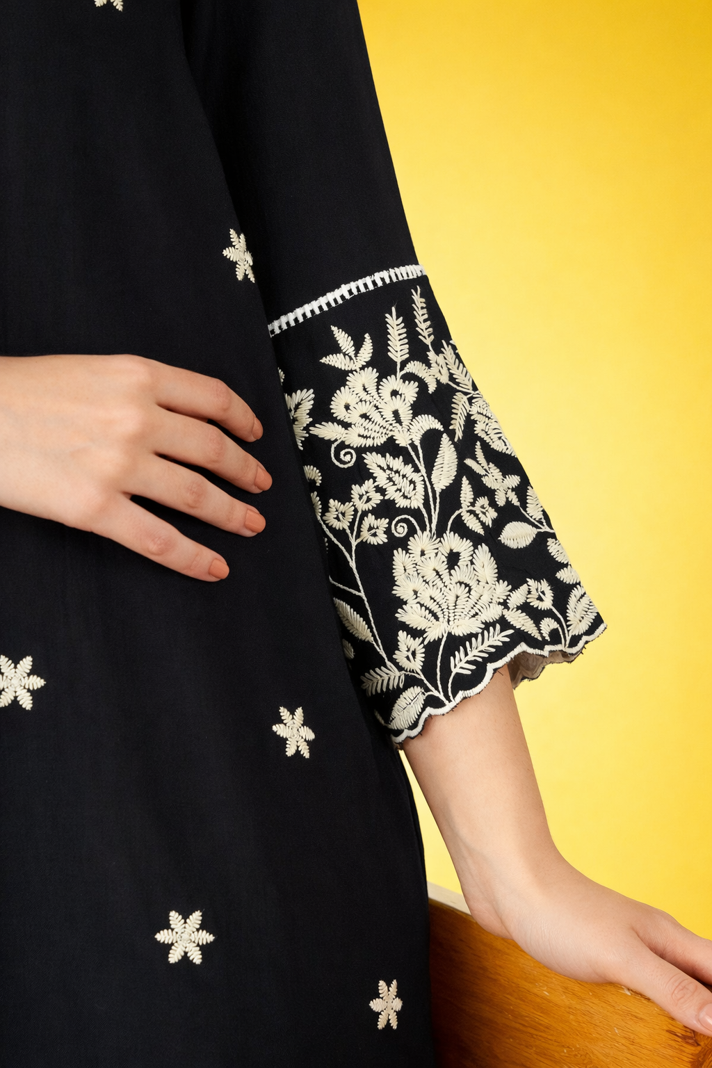 Black thread-work viscose rayon co-ords