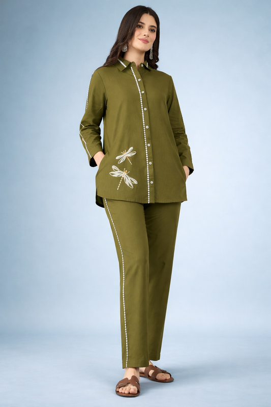 Green Embroidered Pure Cotton Co-Ords