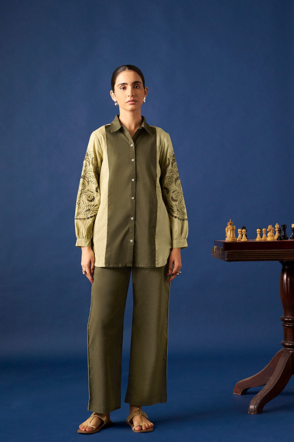 Green Embroidered Cotton Co-ords