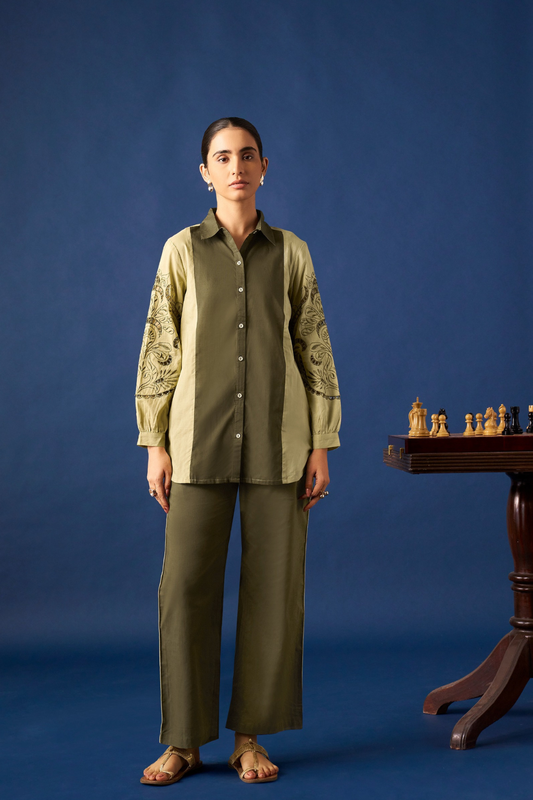 Green Embroidered Cotton Co-ords