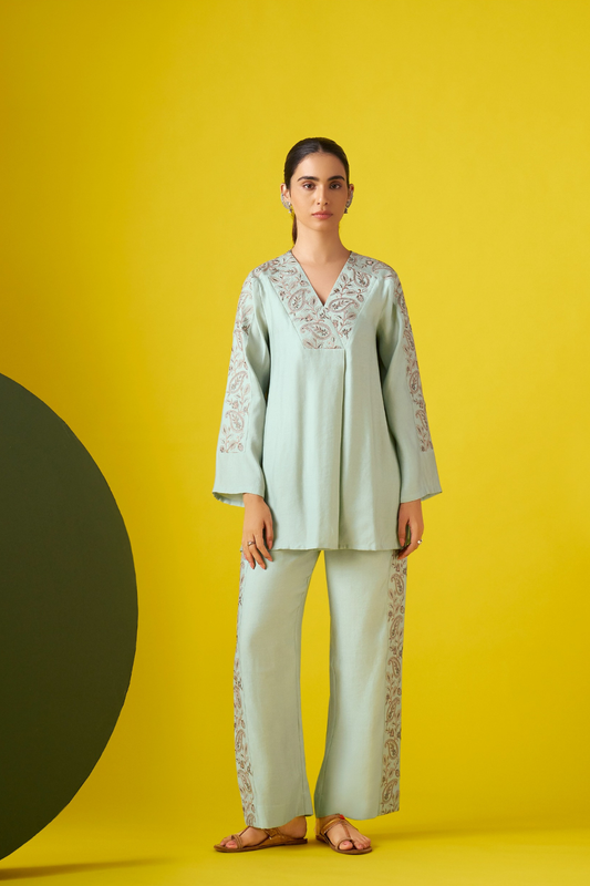 Sea Green Embroidered V-Neck Co-ords