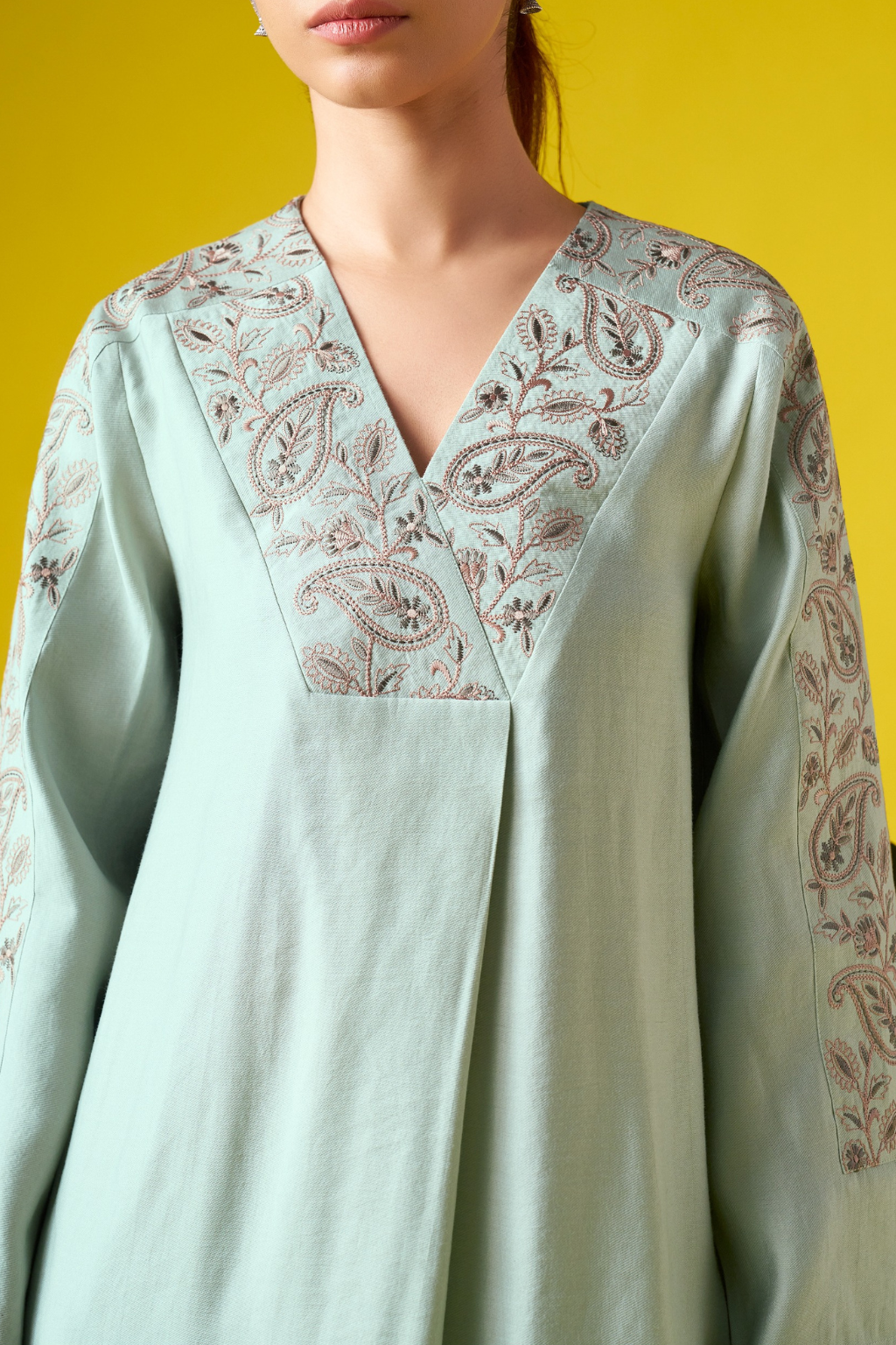 Sea Green Embroidered V-Neck Co-ords