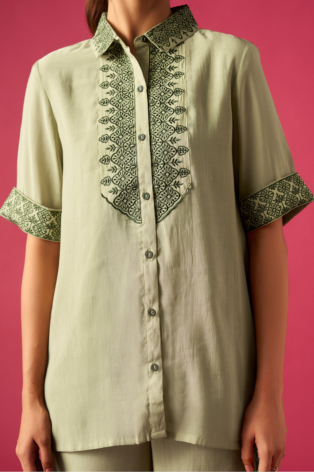 Green Floral Embroidered Co-ords