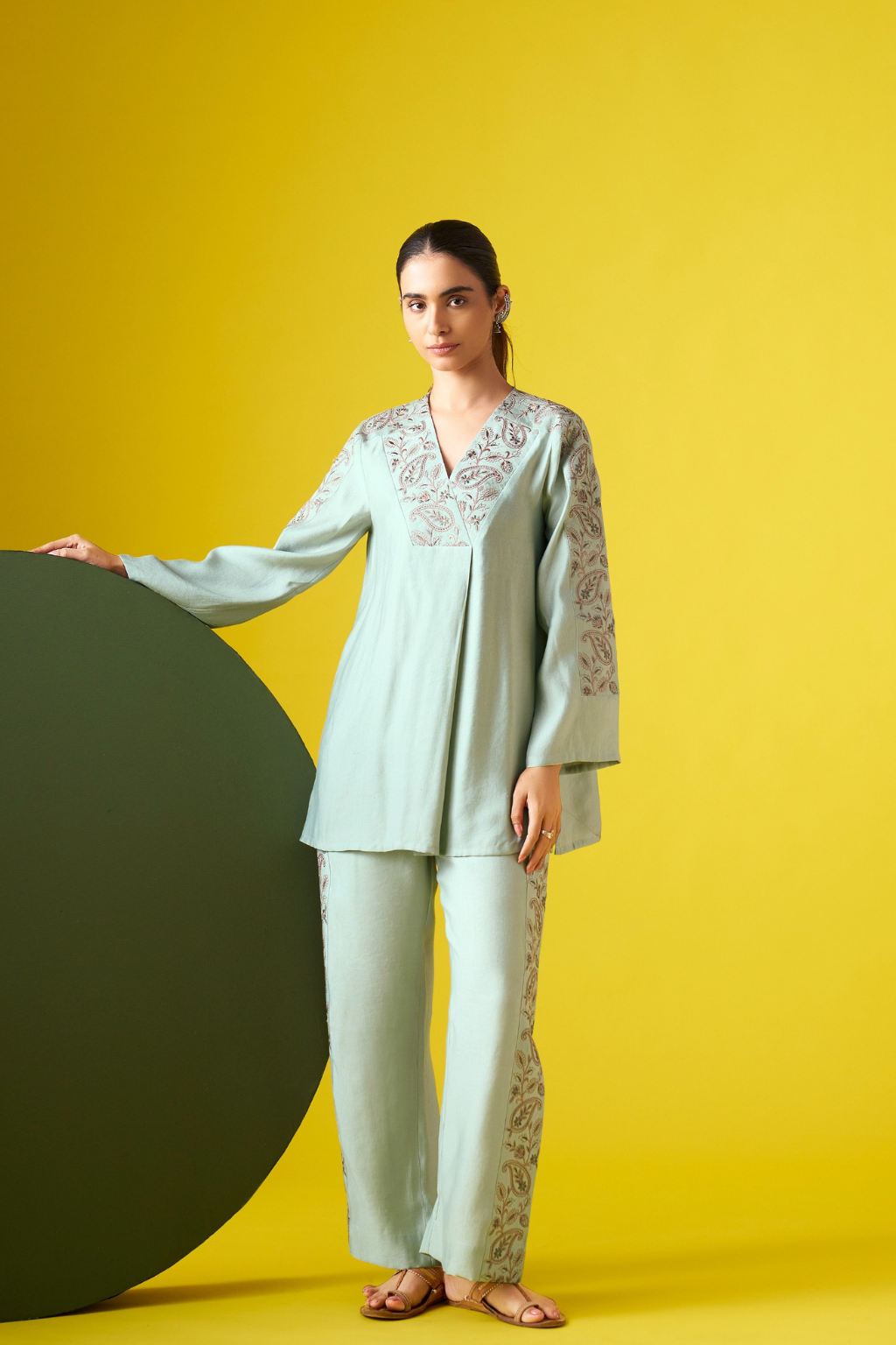 Sea Green Embroidered V-Neck Co-ords