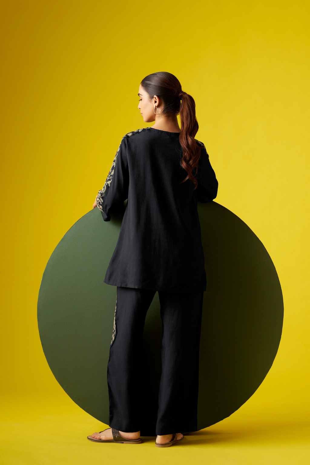 Black Embroidered V-Neck Co-ords