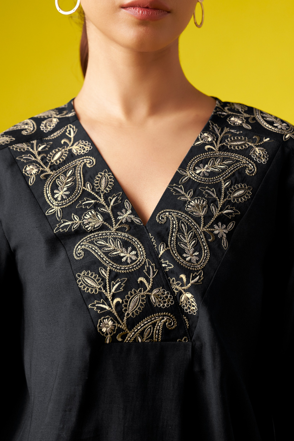 Black Embroidered V-Neck Co-ords