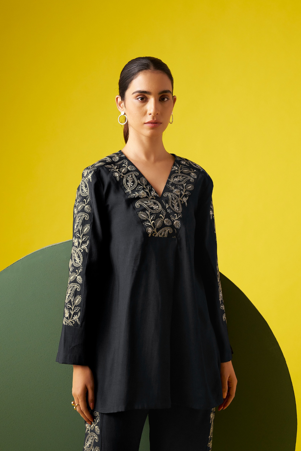 Black Embroidered V-Neck Co-ords