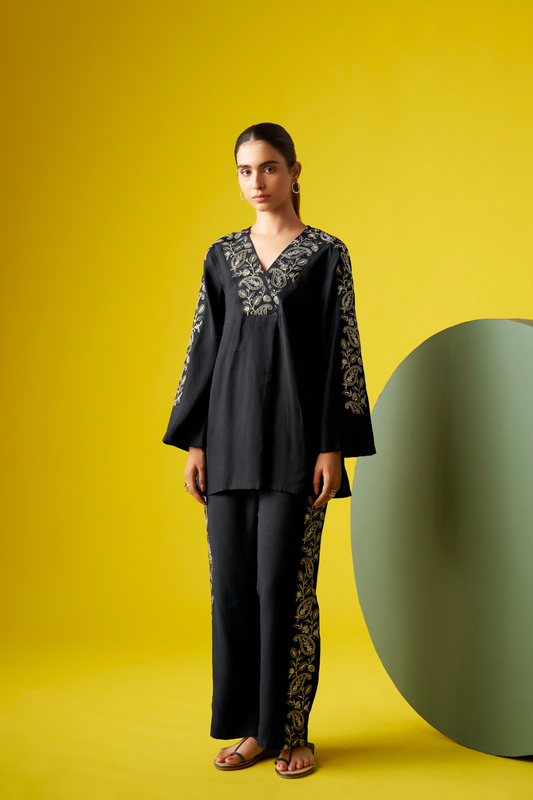 Black Embroidered V-Neck Co-ords