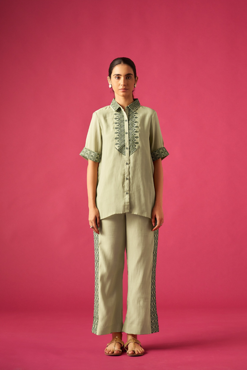 Green Floral Embroidered Co-ords