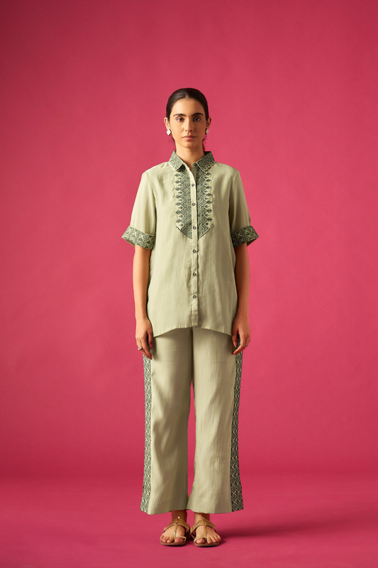 Green Floral Embroidered Co-ords