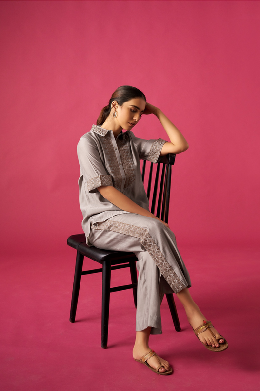 Grey Floral Embroidered Co-ords