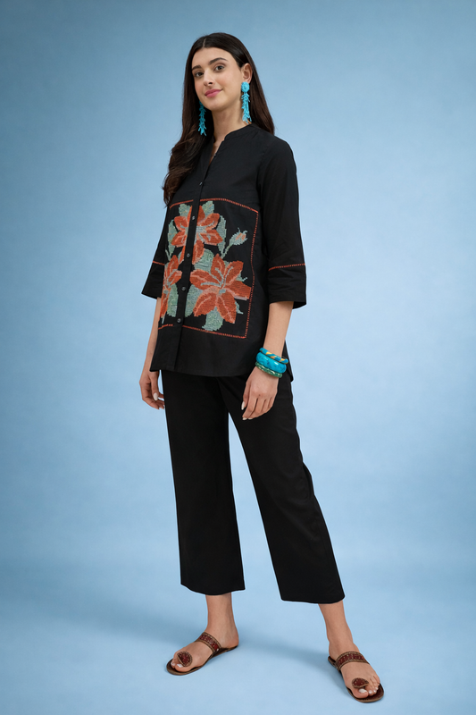Black Cross Stitched Motive Embroidered Co-ords