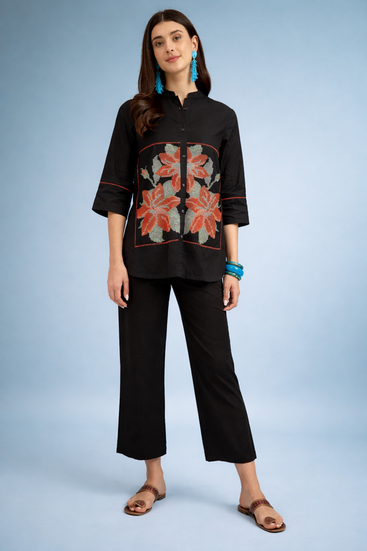 Black Cross Stitched Motive Embroidered Co-ords