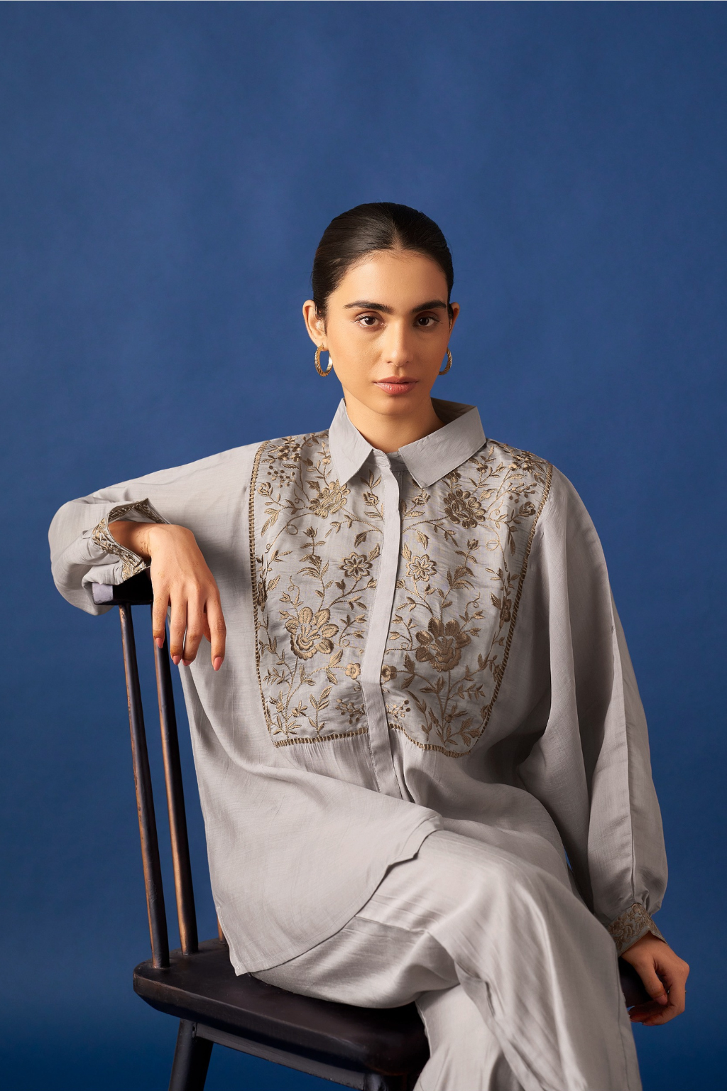 Grey Floral Embroidered Kaftan Co-ords