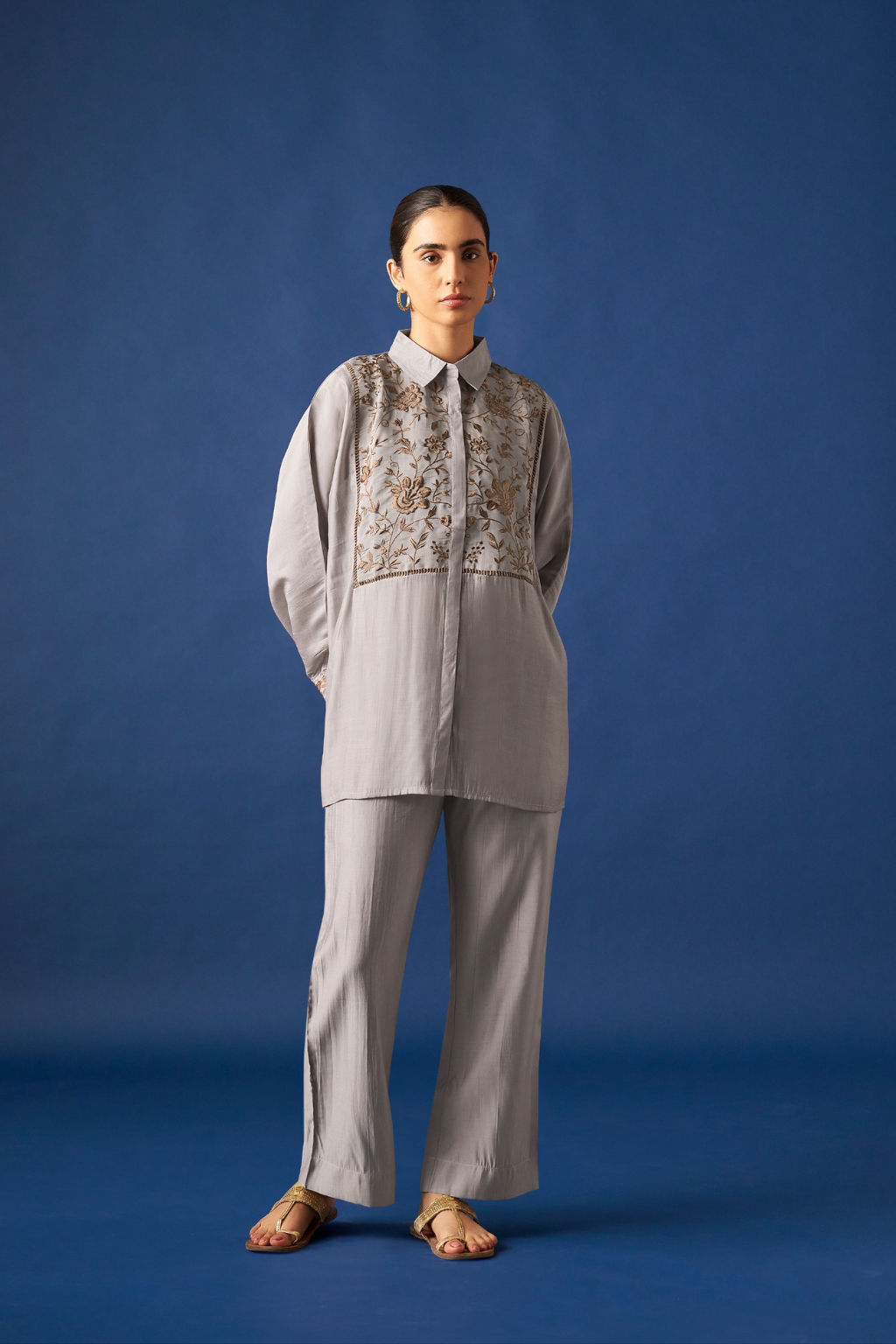 Grey Floral Embroidered Kaftan Co-ords