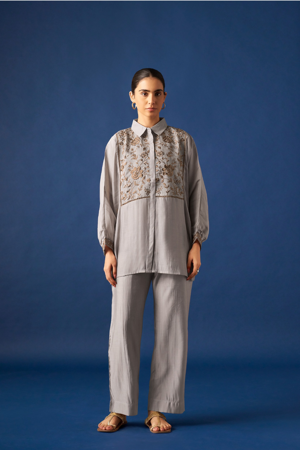 Grey Floral Embroidered Kaftan Co-ords