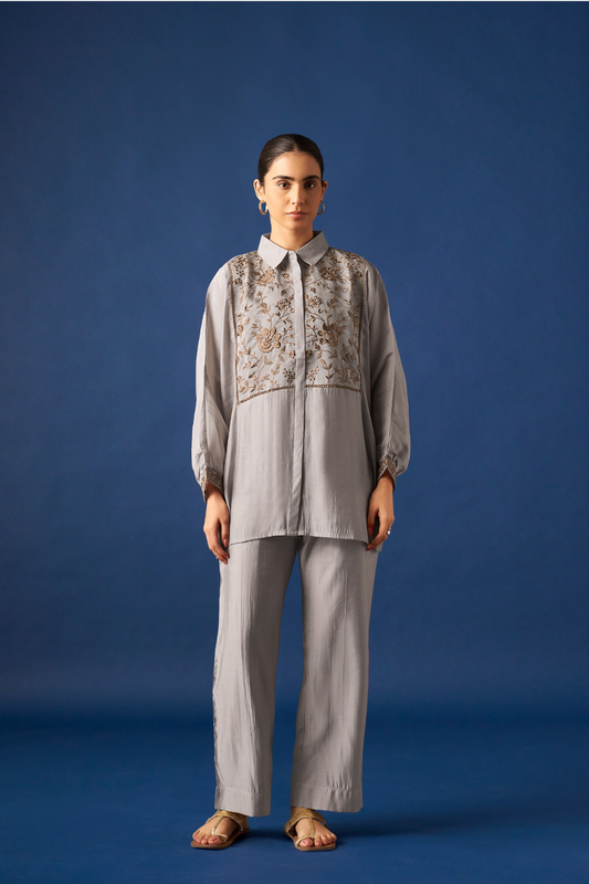 Grey Floral Embroidered Kaftan Co-ords