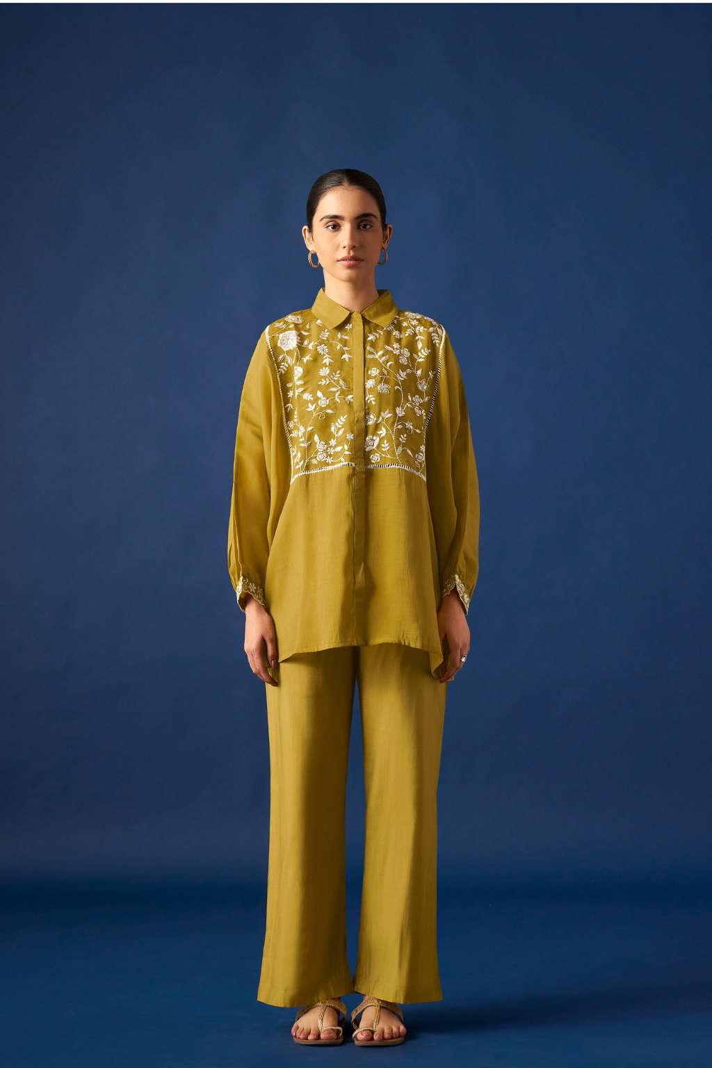 Mustard Floral Embroidered Kaftan Co-ords