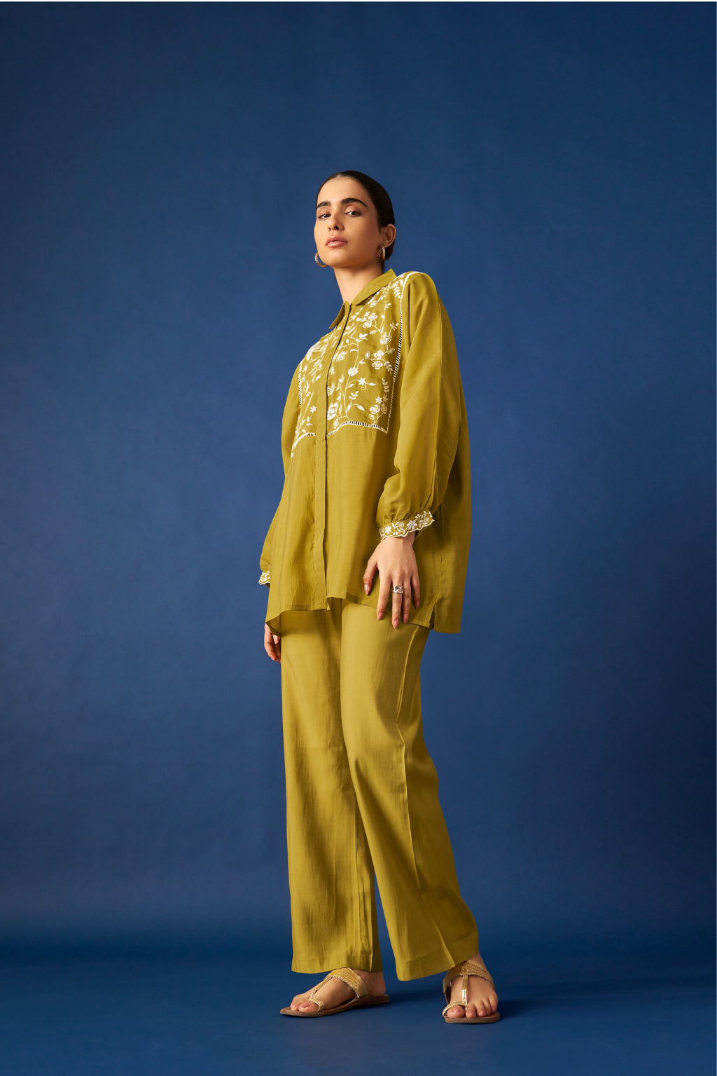Mustard Floral Embroidered Kaftan Co-ords