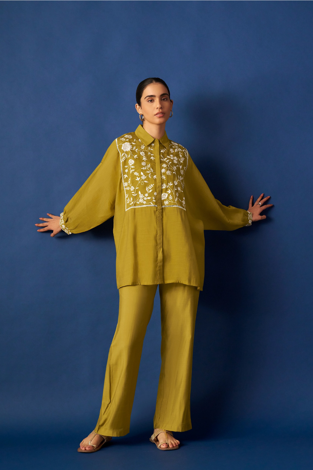 Mustard Floral Embroidered Kaftan Co-ords