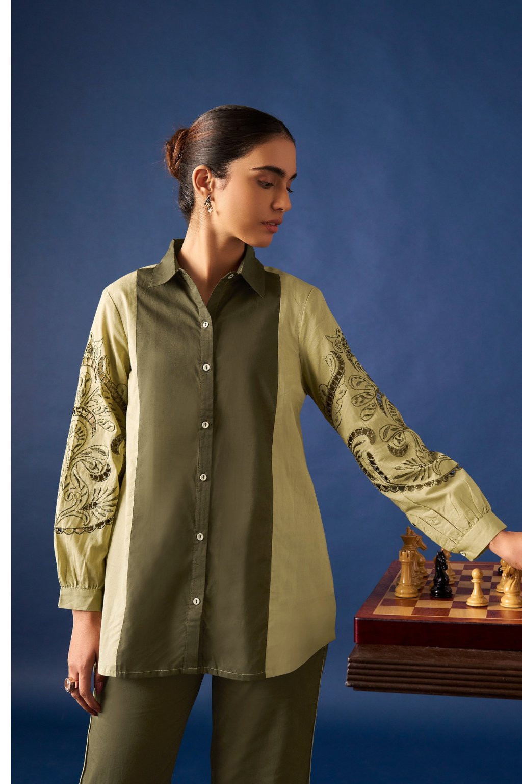 Green Embroidered Cotton Co-ords