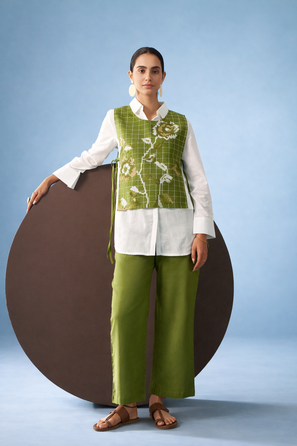 Green Pure Cotton Bib Shirt Co-ords.