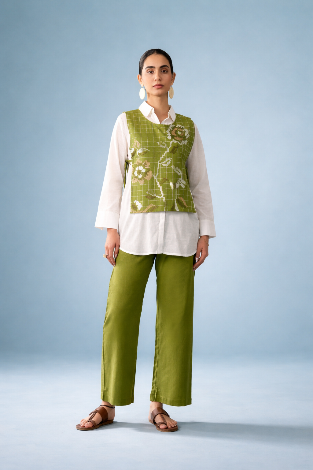 Green Pure Cotton Bib Shirt Co-ords.