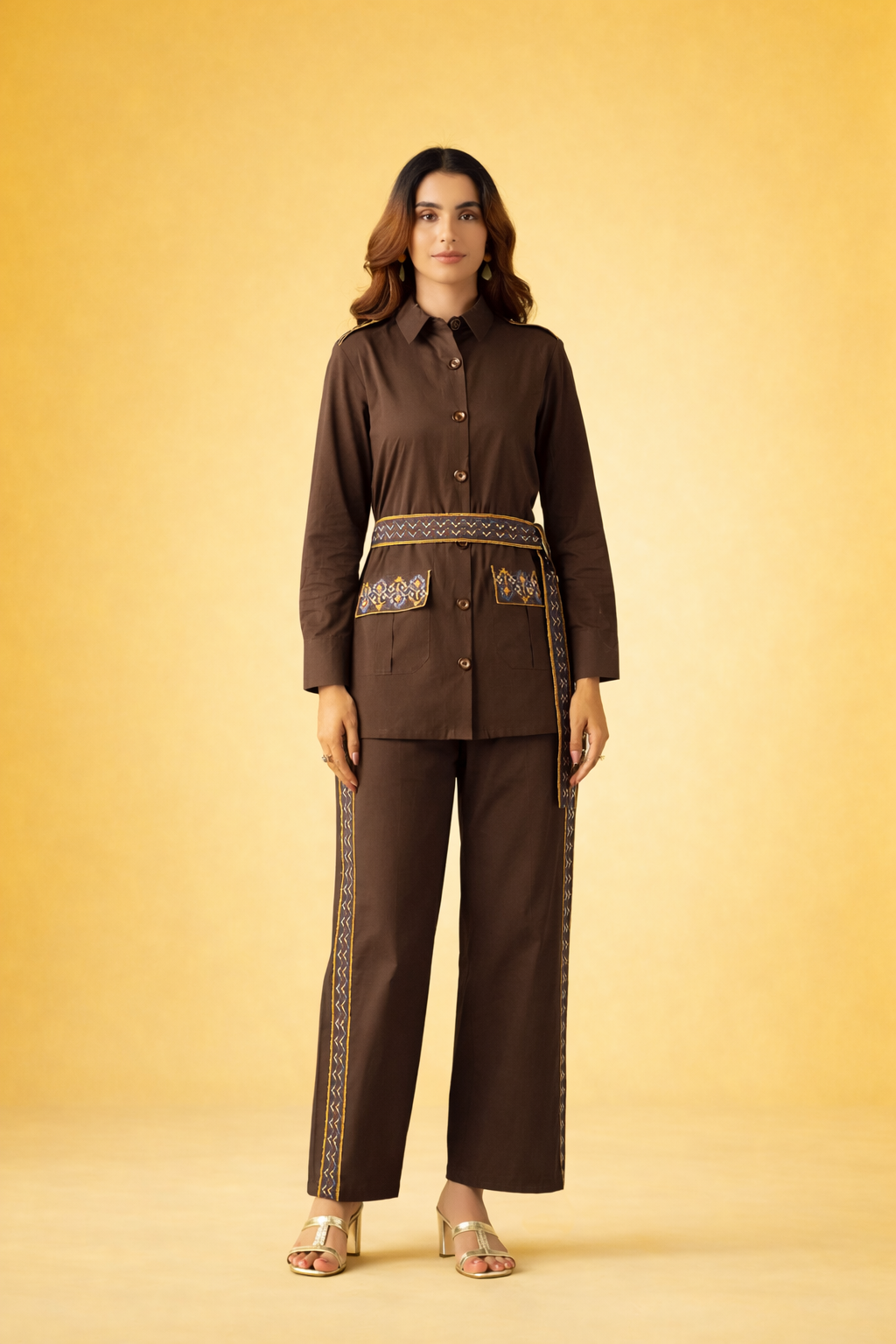 Brown Pure Cotton Co-ords with Belt