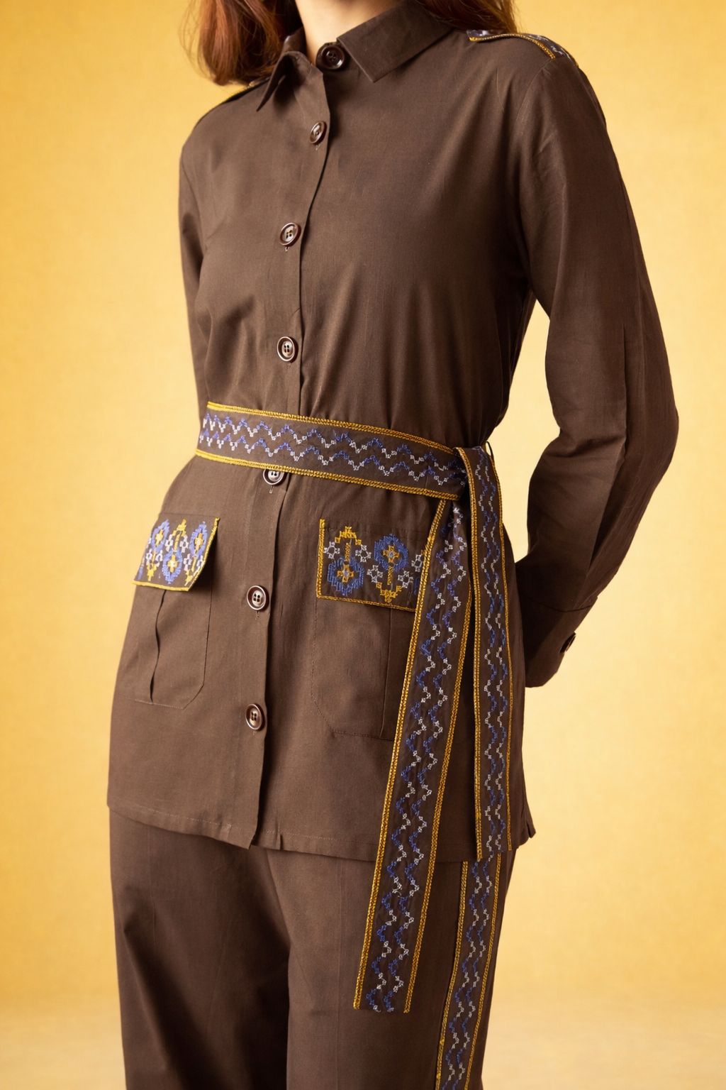 Brown Pure Cotton Co-ords with Belt