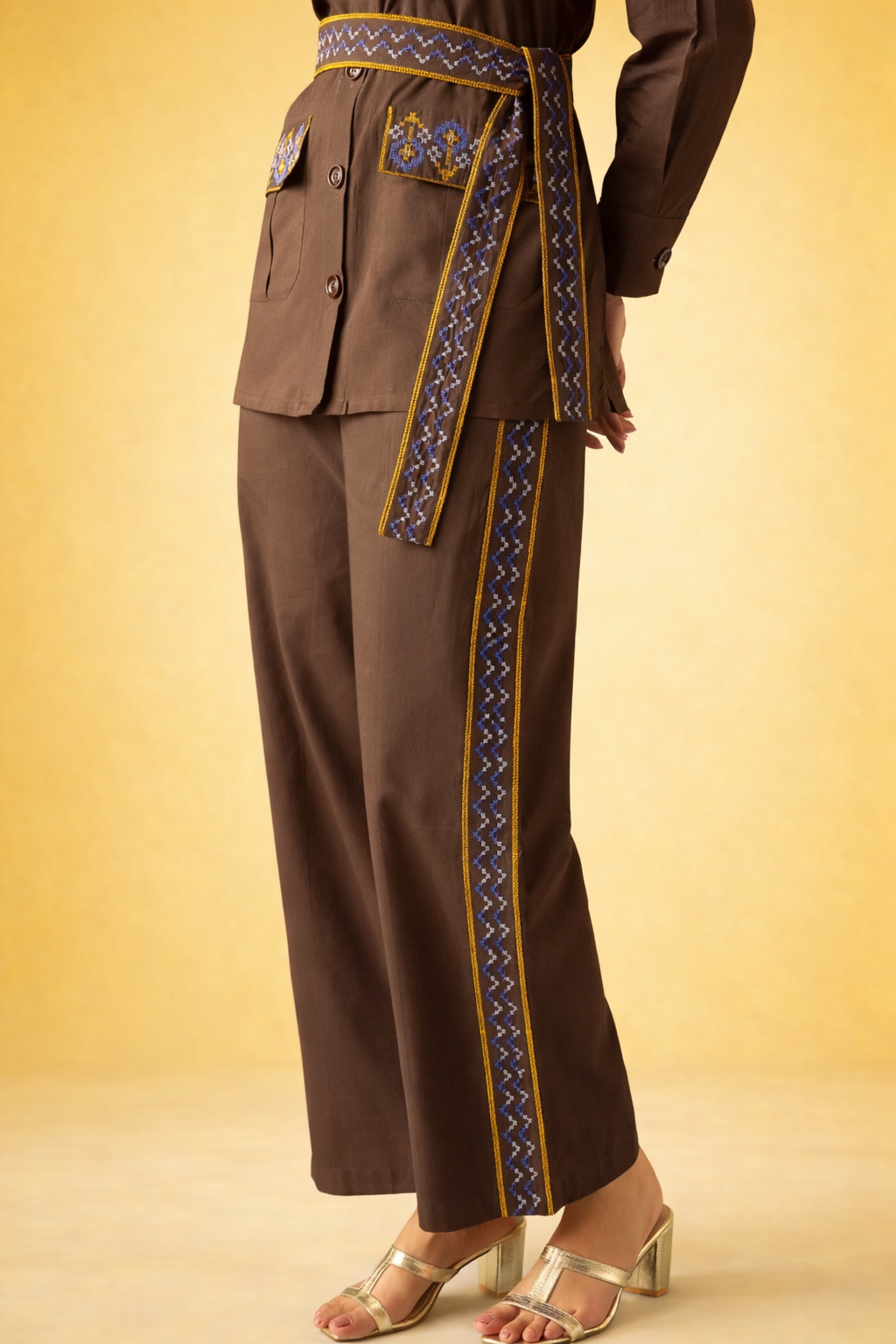 Brown Pure Cotton Co-ords with Belt