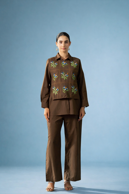 Brown Pure Cotton Bib Shirt Co-ords.