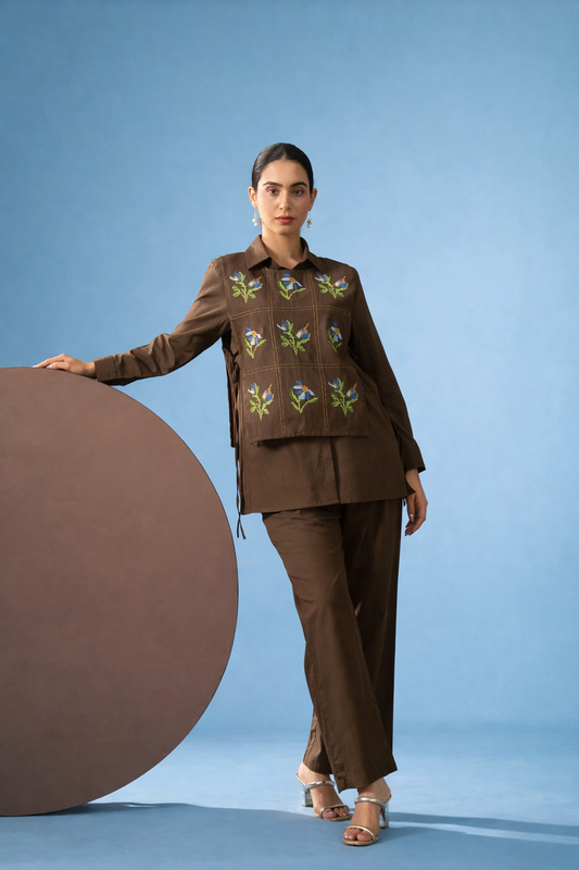 Brown Pure Cotton Bib Shirt Co-ords.