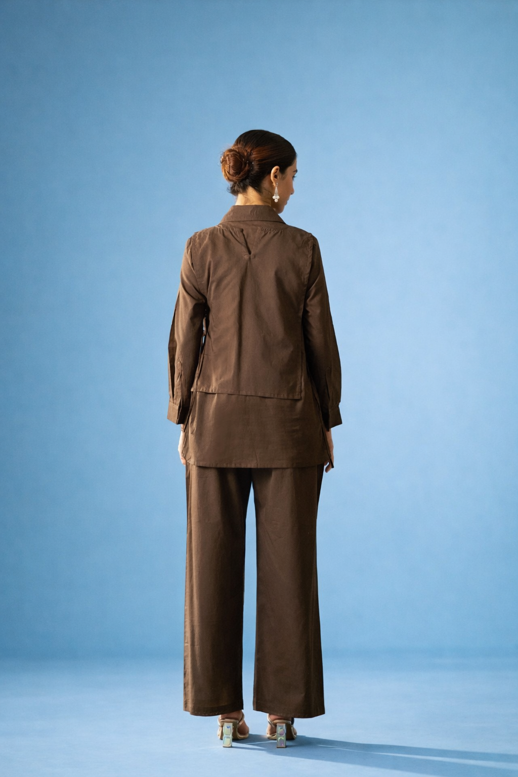 Brown Pure Cotton Bib Shirt Co-ords.