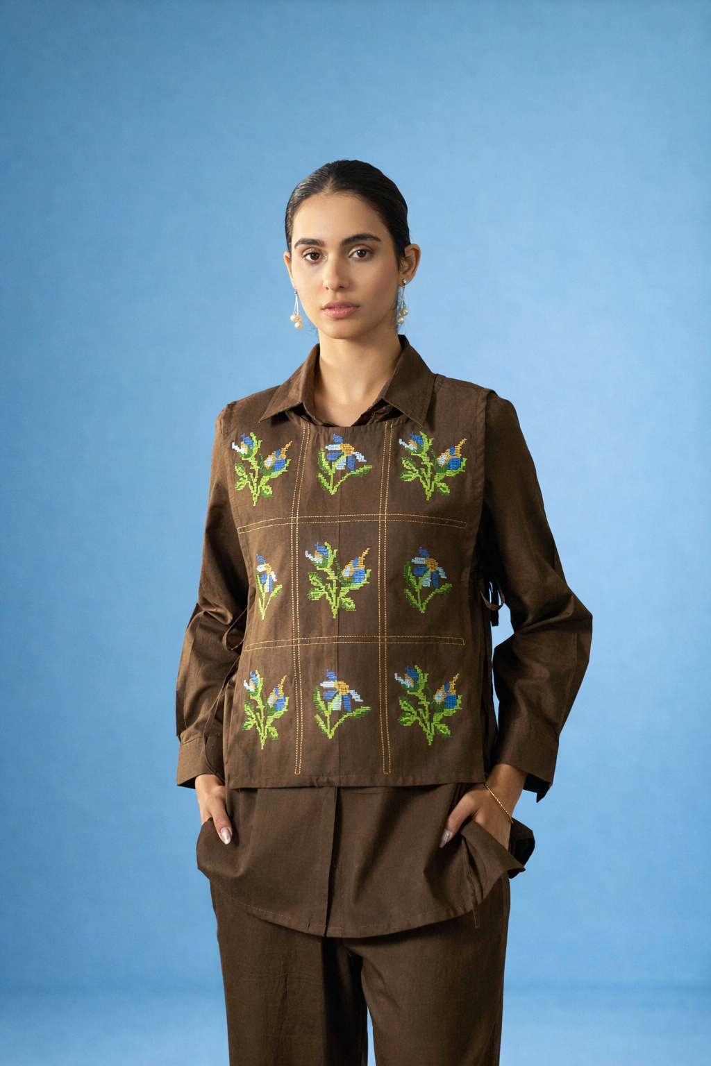 Brown Pure Cotton Bib Shirt Co-ords.