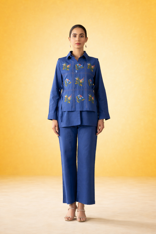Blue Pure Cotton Bib Shirt Co-ords