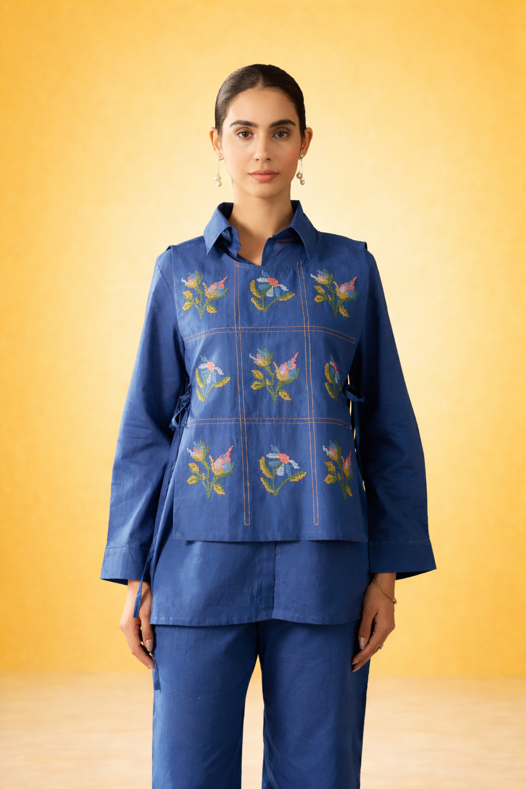 Blue Pure Cotton Bib Shirt Co-ords