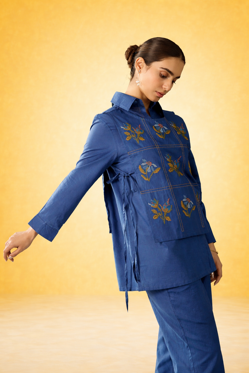 Blue Pure Cotton Bib Shirt Co-ords