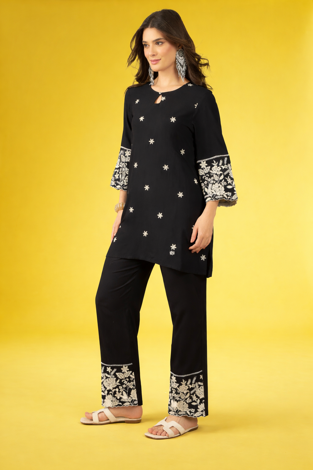 Black thread-work viscose rayon co-ords