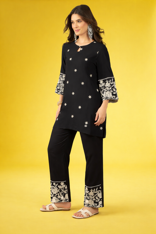 Black thread-work viscose rayon co-ords