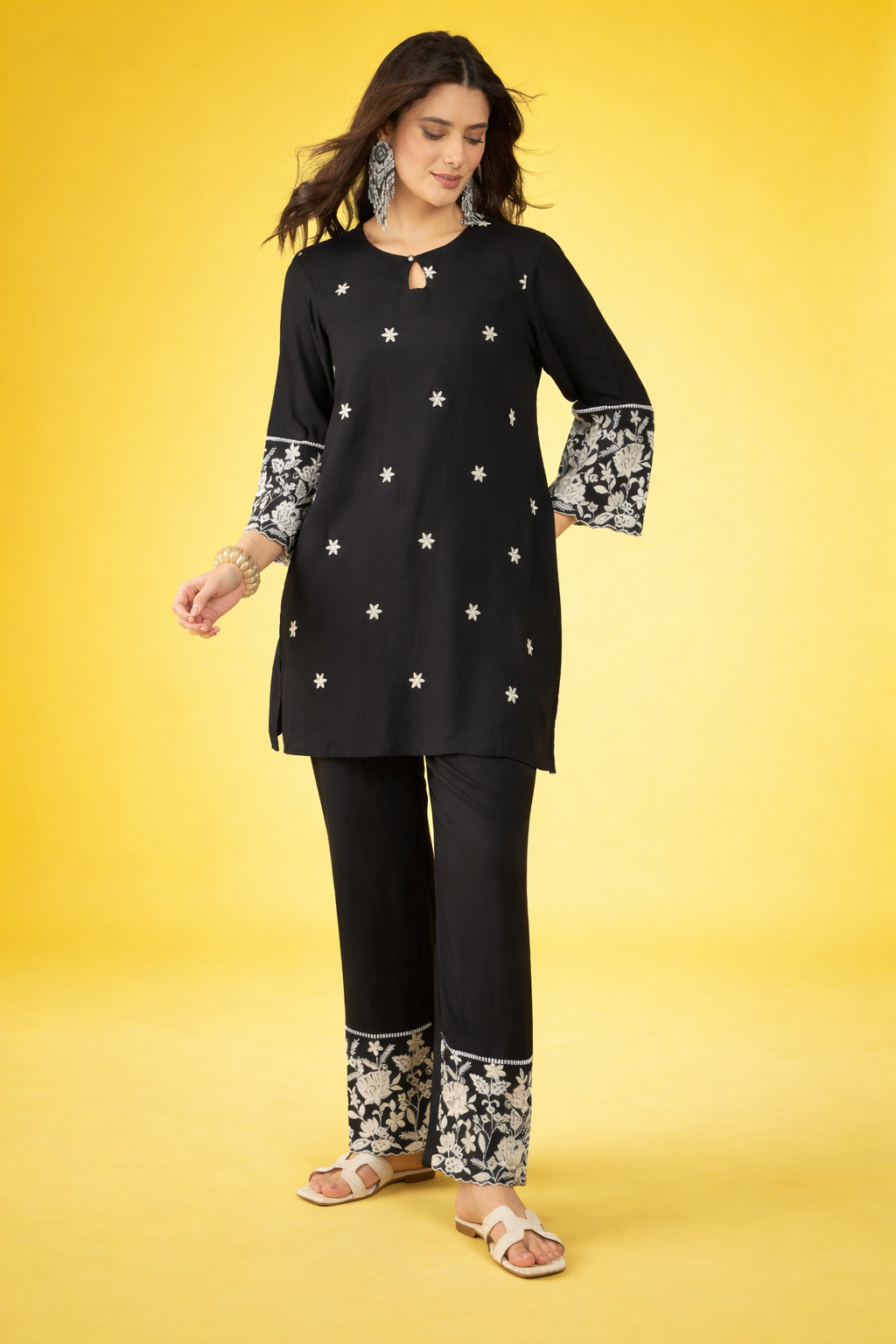 Black thread-work viscose rayon co-ords