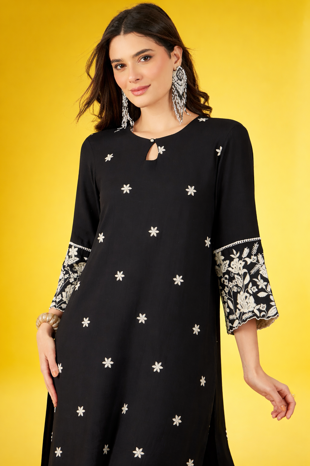 Black thread-work viscose rayon co-ords