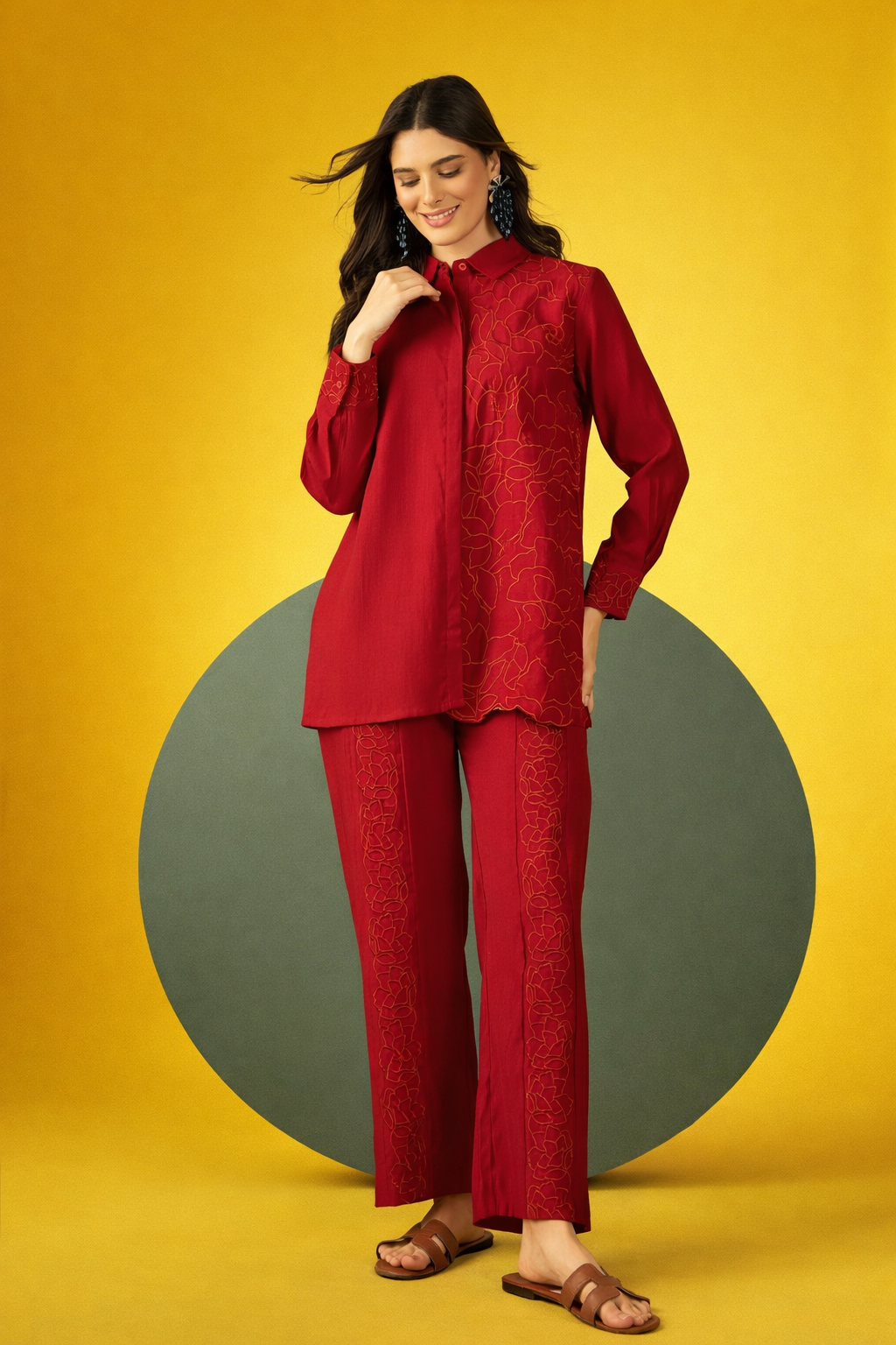 Red Embroidered Silk Blend Co-Ords