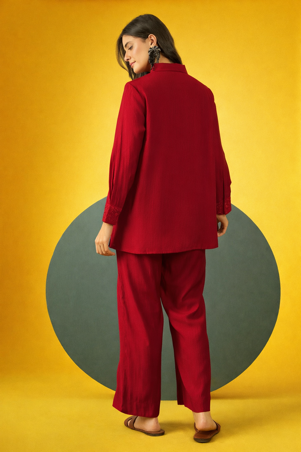 Red Embroidered Silk Blend Co-Ords