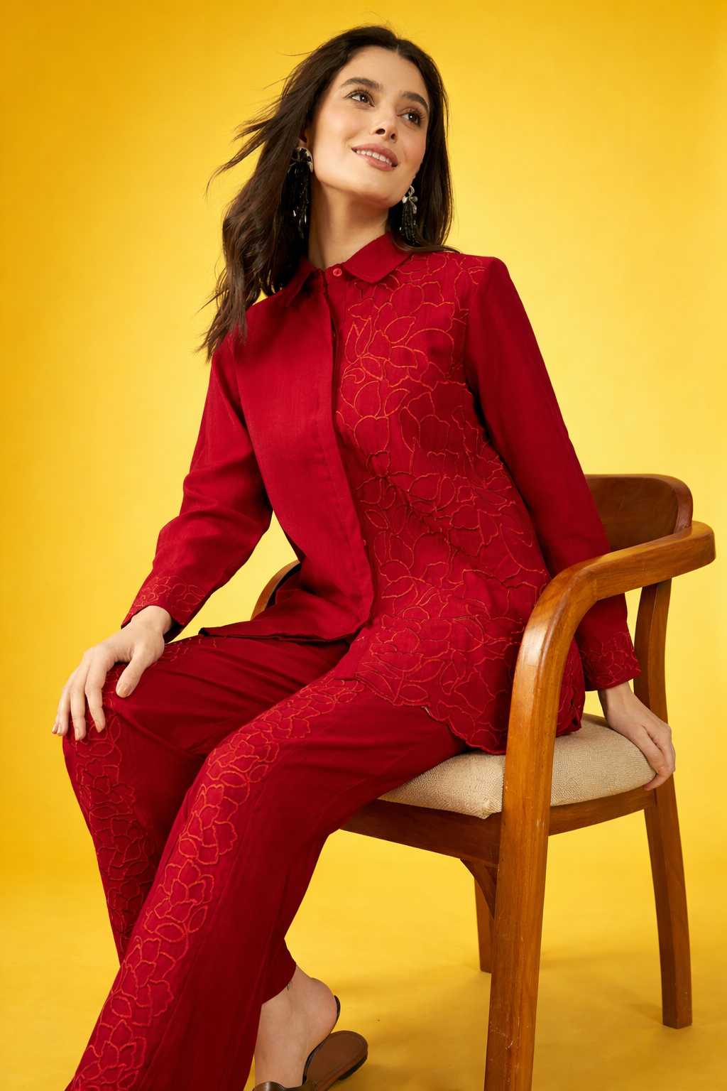 Red Embroidered Silk Blend Co-Ords