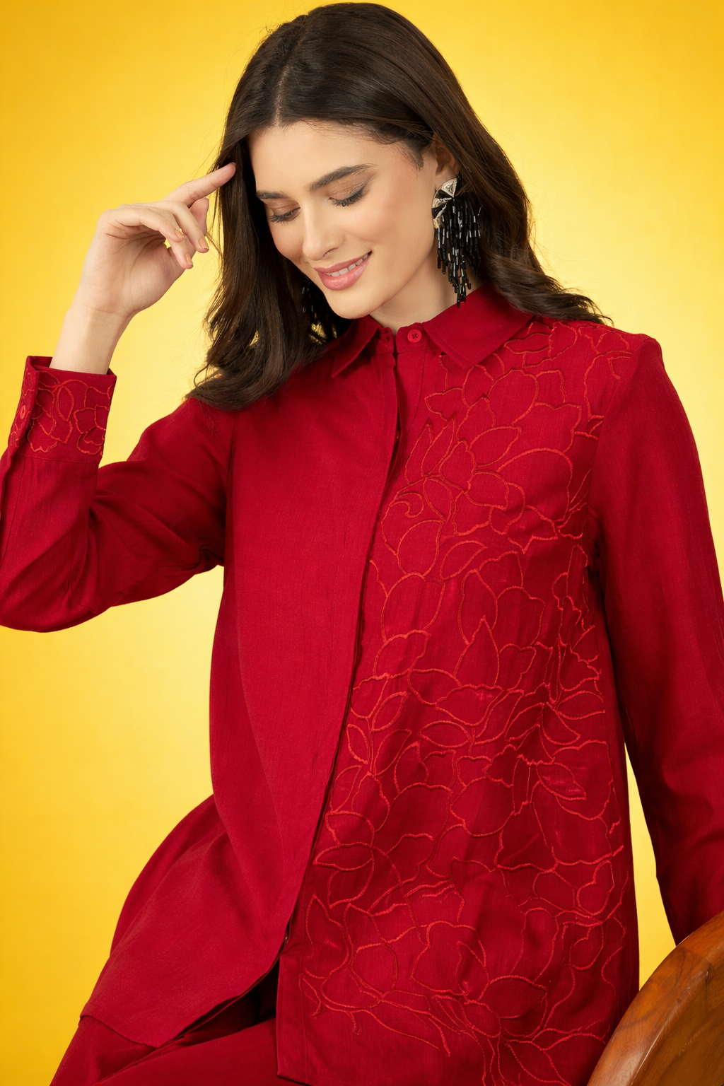 Red Embroidered Silk Blend Co-Ords